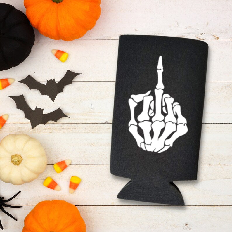Funny Halloween Spiked Seltzer Coolers, Skeleton Middle Finger Skinny Coolies