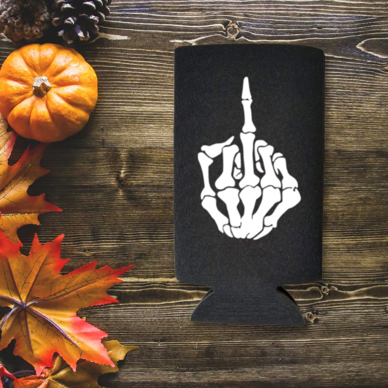 Funny Halloween Spiked Seltzer Coolers, Skeleton Middle Finger Skinny Coolies