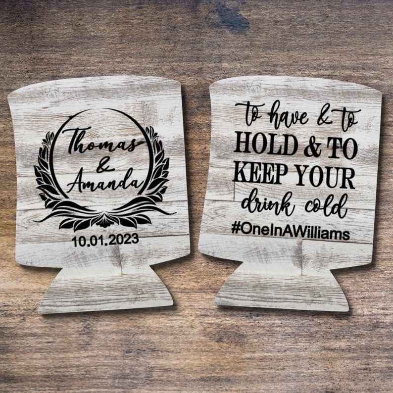 Custom Light Barnwood Can Coolers, Shiplap Personalized Wedding Coolies