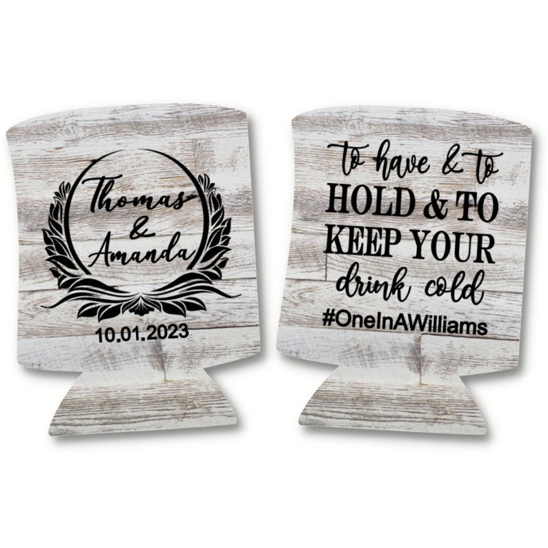 Custom Light Barnwood Can Coolers, Shiplap Personalized Wedding Coolies