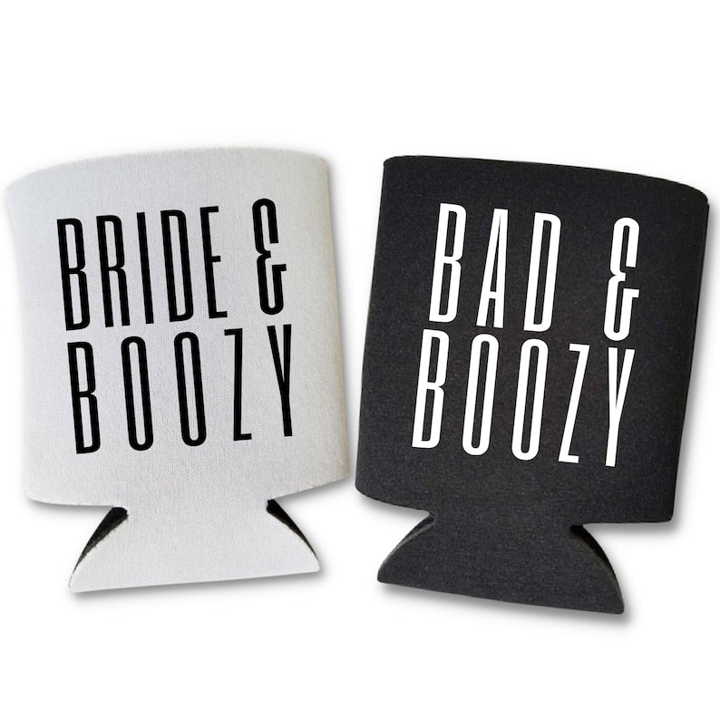Custom Bachelorette Can Coolers, Bad & Boozy and Bride & Boozy Coolies