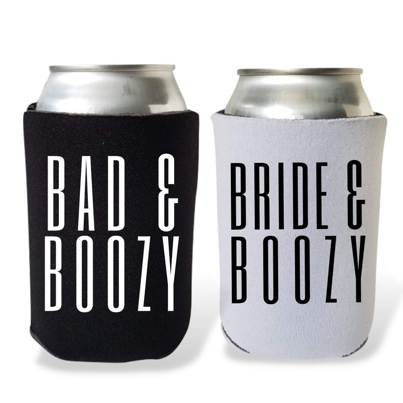 Custom Bachelorette Can Coolers, Bad & Boozy and Bride & Boozy Coolies