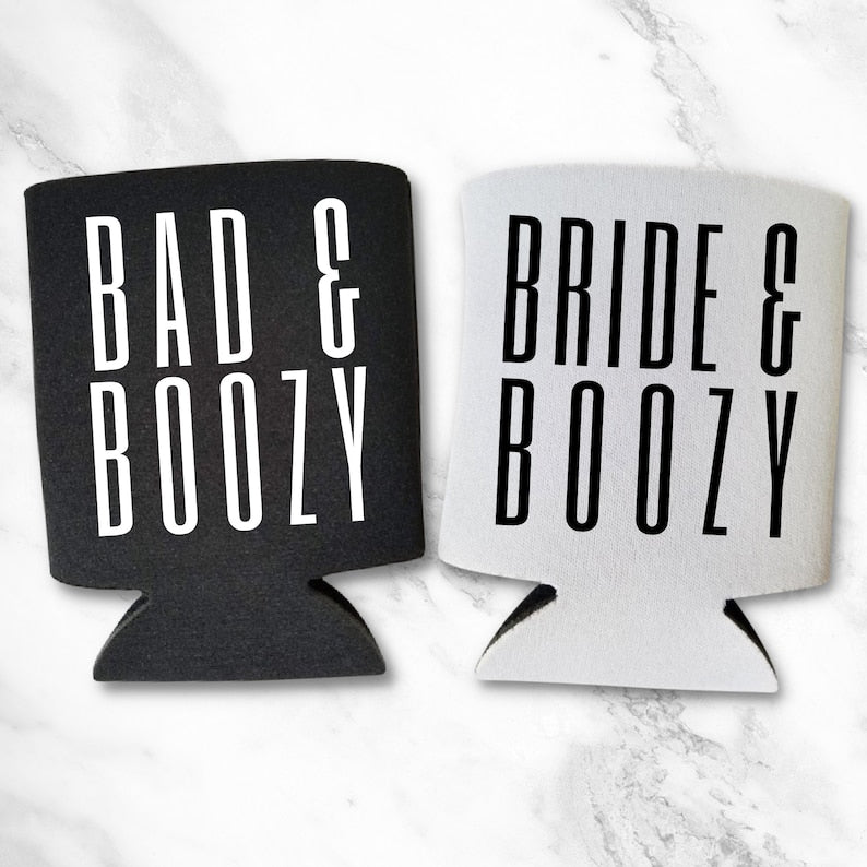 Custom Bachelorette Can Coolers, Bad & Boozy and Bride & Boozy Coolies