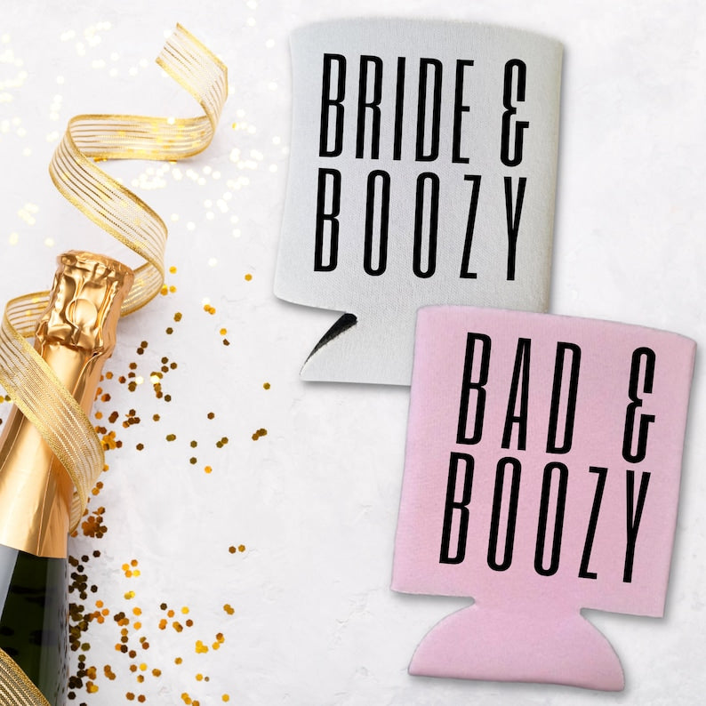 Custom Bachelorette Can Coolers, Bad & Boozy and Bride & Boozy Coolies