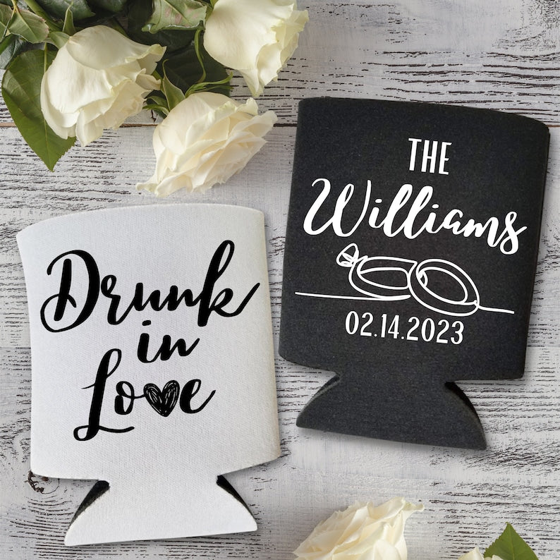 Custom Wedding Can Coolers, Drunk In Love Coolies