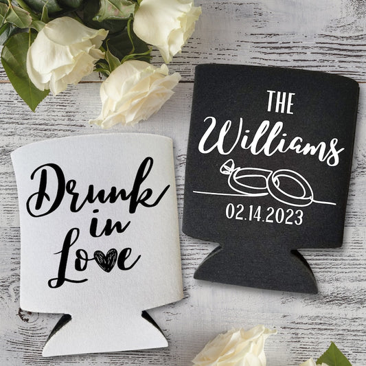 Custom Wedding Can Coolers, Drunk In Love Coolies