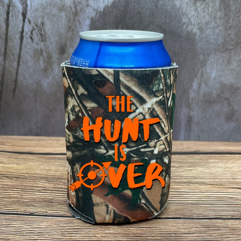 Custom Camouflage Wedding Beer Can Coolers, The Hunt Is Over Coolies