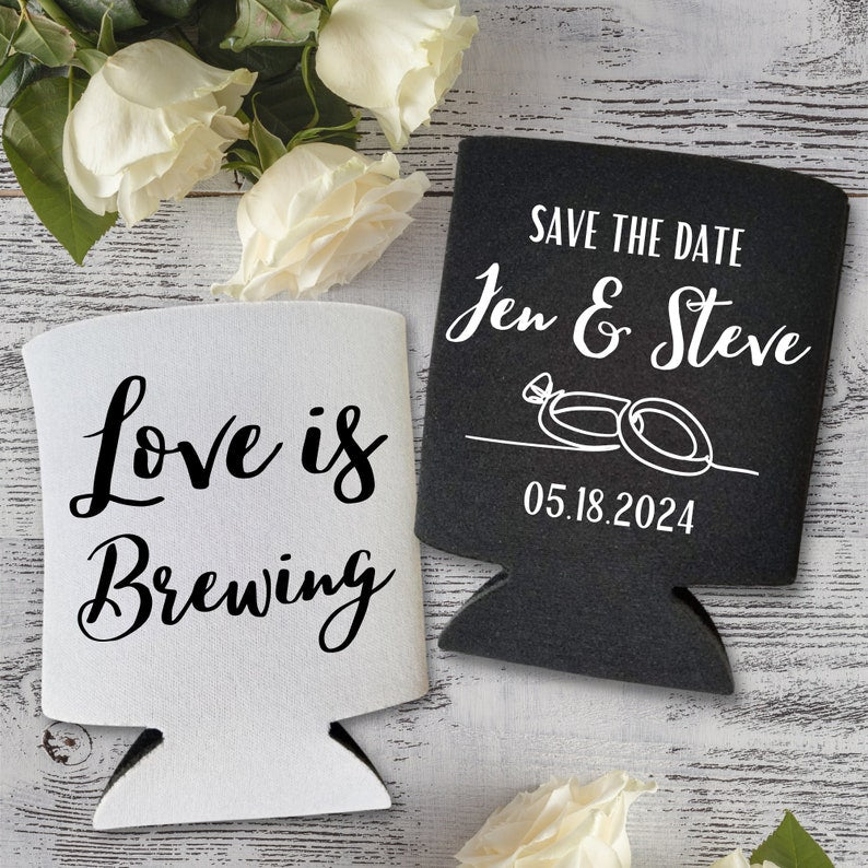 Custom Wedding Annoucements Can Coolers, Love is Brewing Save the Date Coolies