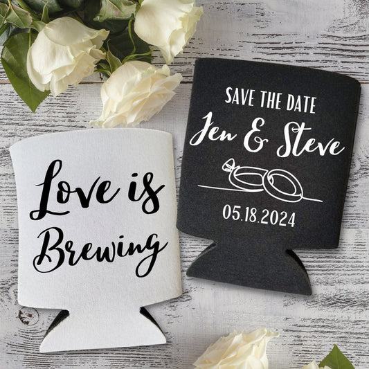 Custom Wedding Annoucements Can Coolers, Love is Brewing Save the Date Coolies