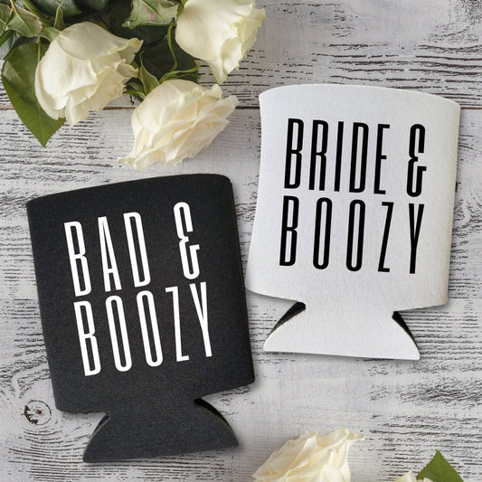 Custom Bachelorette Can Coolers, Bad & Boozy and Bride & Boozy Coolies