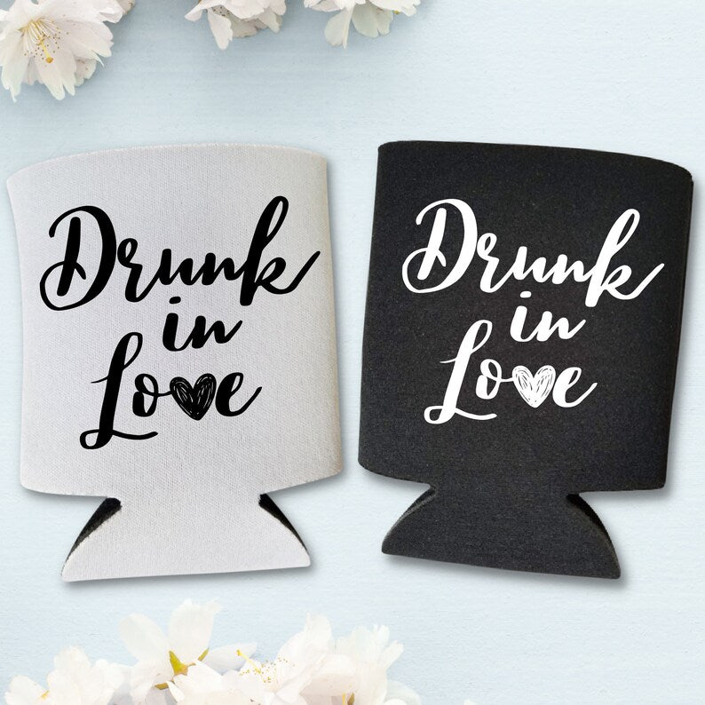 Custom Wedding Can Coolers, Drunk In Love Coolies