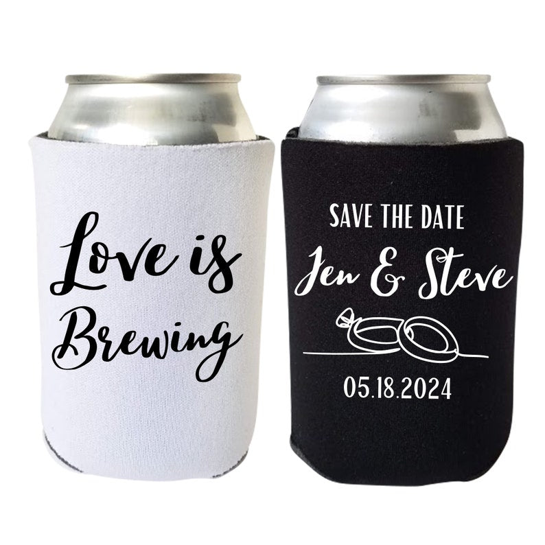 Custom Wedding Annoucements Can Coolers, Love is Brewing Save the Date Coolies