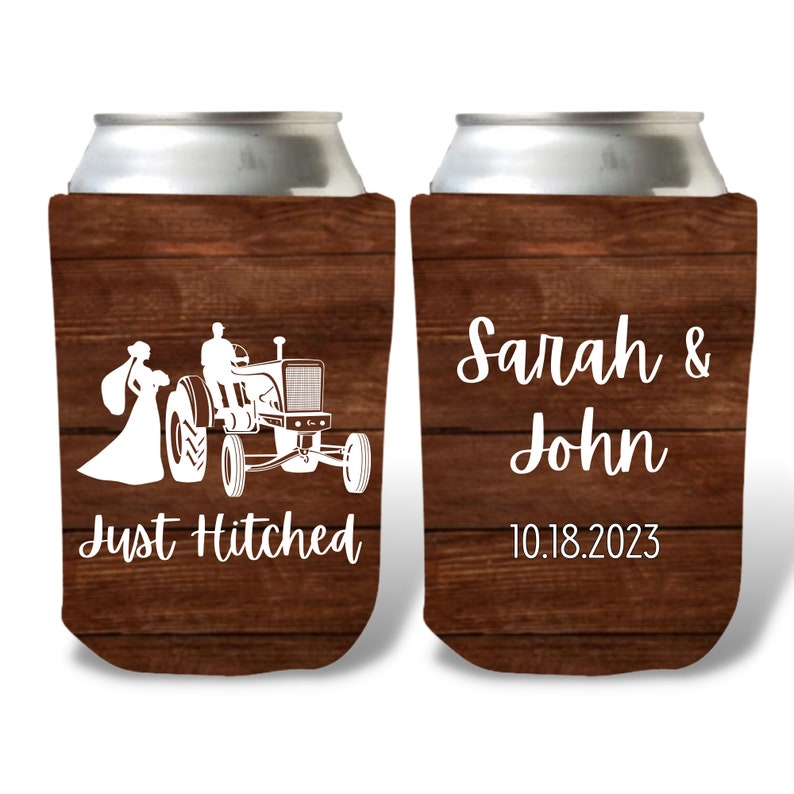 Custom Barnwood Can Coolers, Just Hitched Wedding Coolies