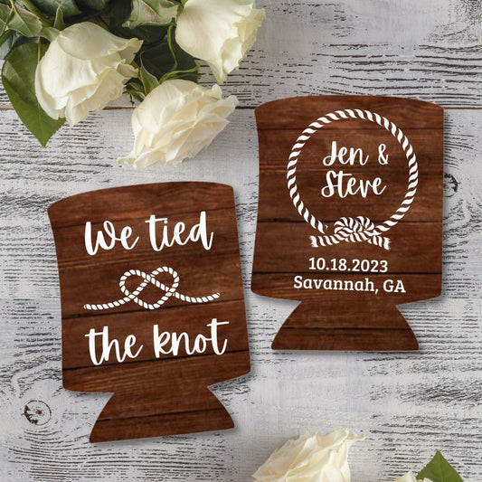 Custom Barnwood Can Coolers, We Tied The Knot Wedding Coolies