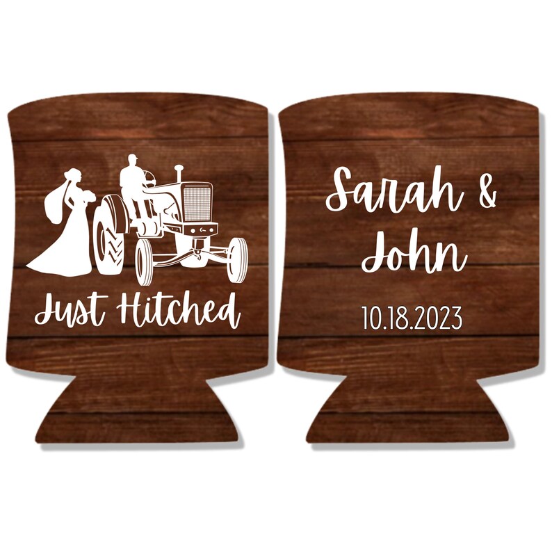 Custom Barnwood Can Coolers, Just Hitched Wedding Coolies
