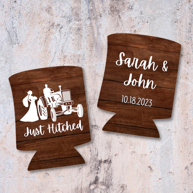 Custom Barnwood Can Coolers, Just Hitched Wedding Coolies
