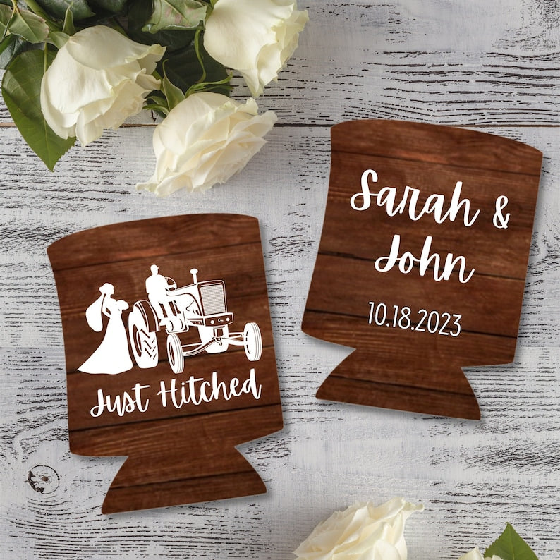Custom Barnwood Can Coolers, Just Hitched Wedding Coolies