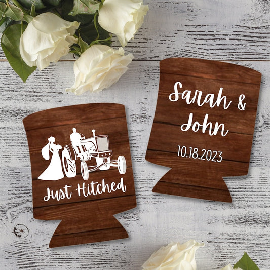 Custom Barnwood Can Coolers, Just Hitched Wedding Coolies
