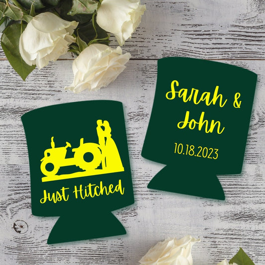 Custom Wedding Party Can Coolers, Tractor - Just Hitched Coolies, Newlywed Gifts
