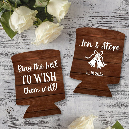 Custom Barnwood Can Coolers, Ring The Bell To Wish Them Well Coolies