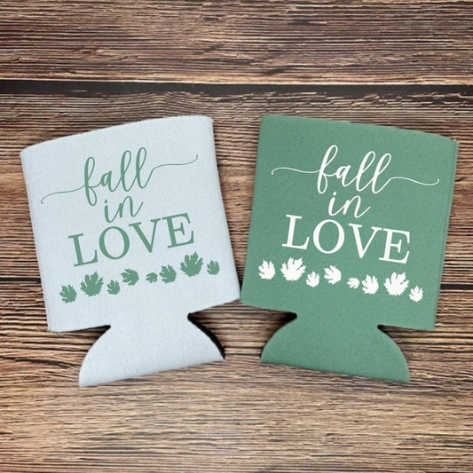 Custom Fall Wedding Can Coolers, Fall In Love Coolies