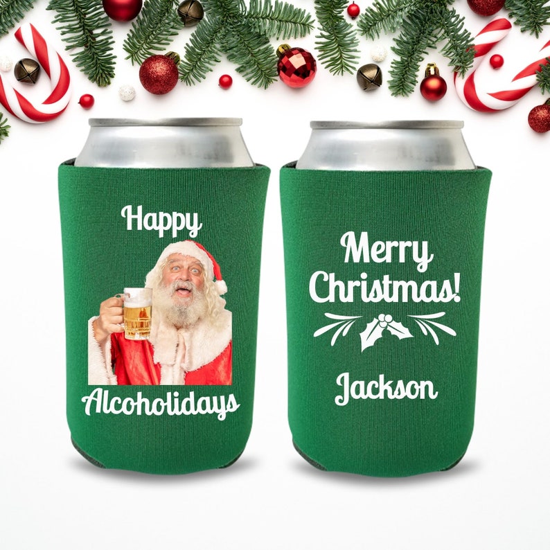 Custom Photo Christmas Can Cooler, Happy Alcoholidays - Merry Christmas Beer Coolies