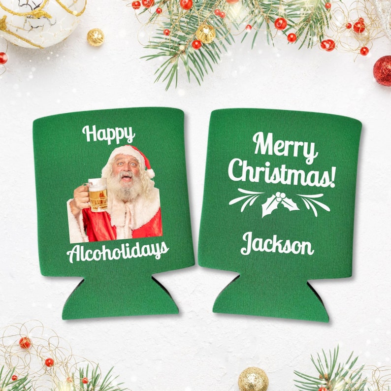 Custom Photo Christmas Can Cooler, Happy Alcoholidays - Merry Christmas Beer Coolies