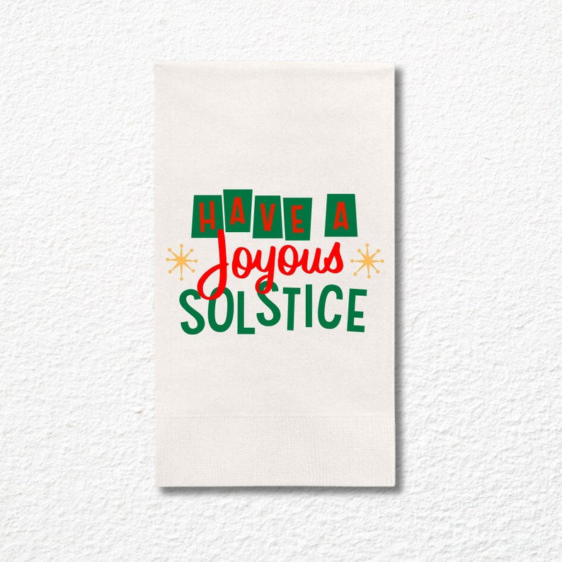 Custom Christmas Napkins, Have A Joyous Solstice Green, Red, White Paper Dinner Napkins