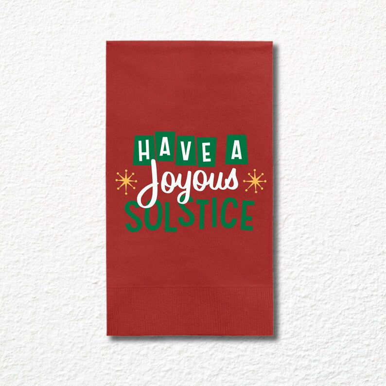 Custom Christmas Napkins, Have A Joyous Solstice Green, Red, White Paper Dinner Napkins