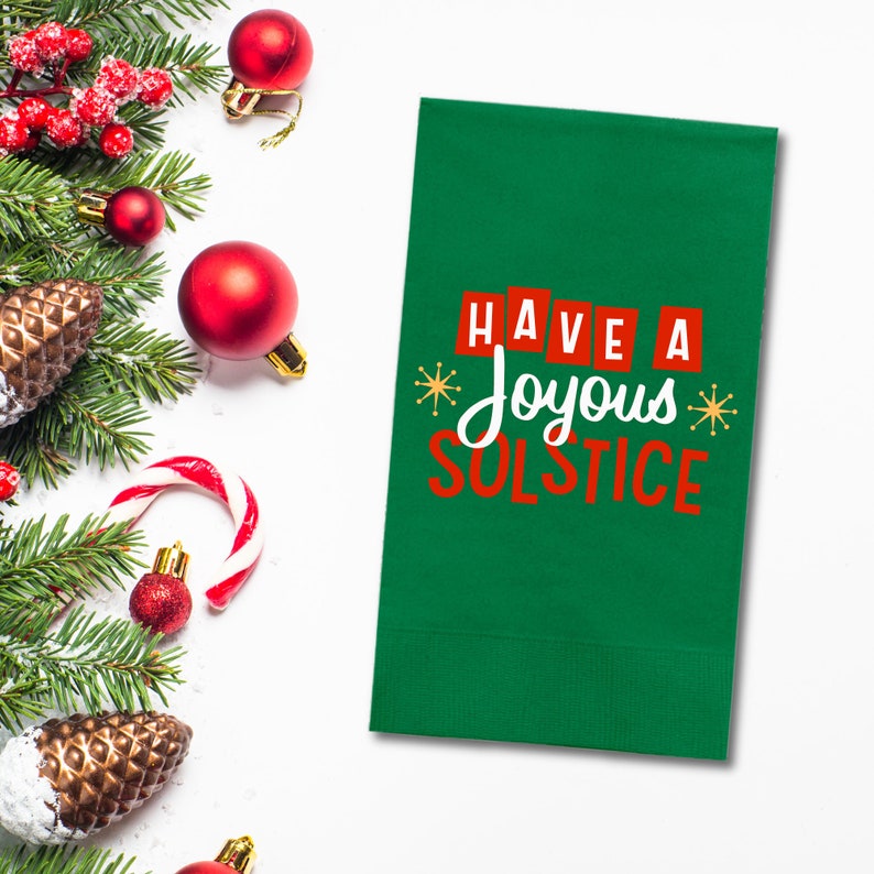 Custom Christmas Napkins, Have A Joyous Solstice Green, Red, White Paper Dinner Napkins