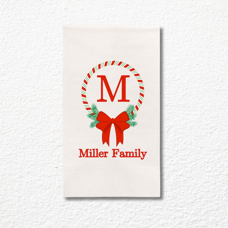 Custom Christmas Napkins, Monogram Christmas Green, Red, White Paper Dinner Napkin