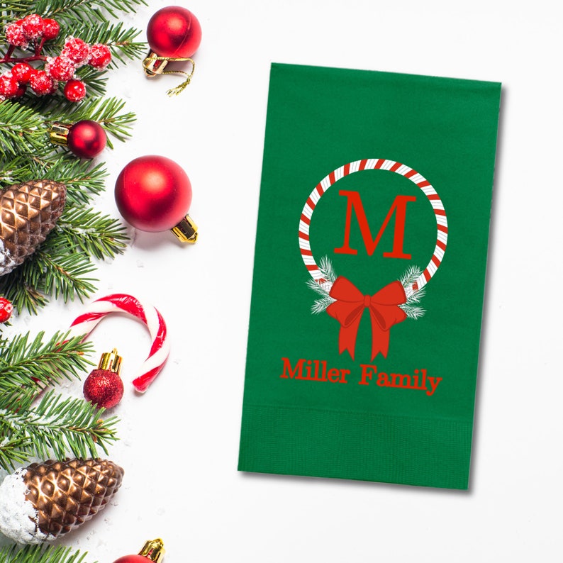 Custom Christmas Napkins, Monogram Christmas Green, Red, White Paper Dinner Napkin
