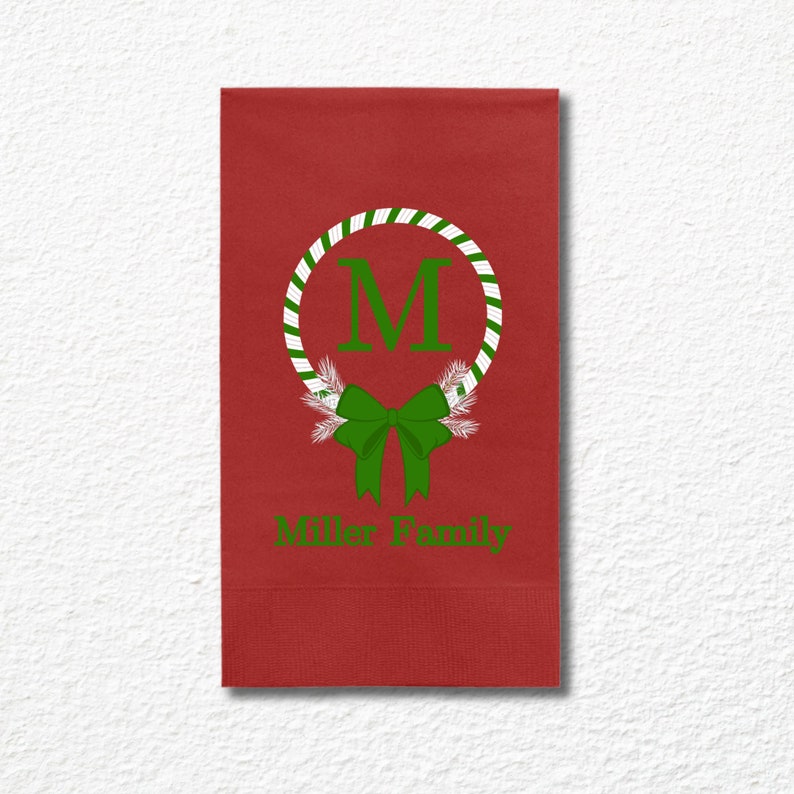 Custom Christmas Napkins, Monogram Christmas Green, Red, White Paper Dinner Napkin