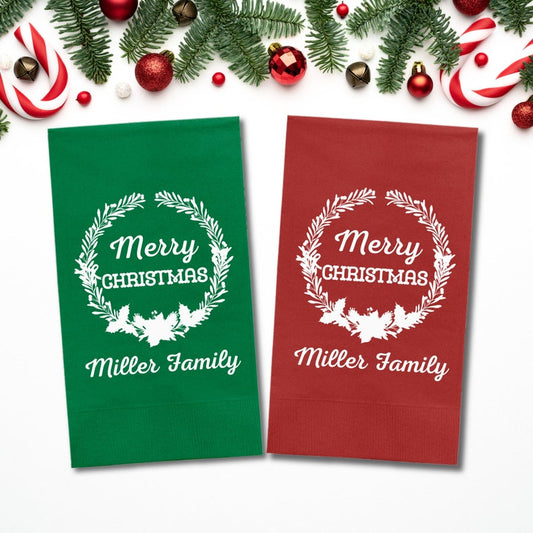 Custom Christmas Napkins, Merry Christmas Green and Red Paper Dinner Napkins