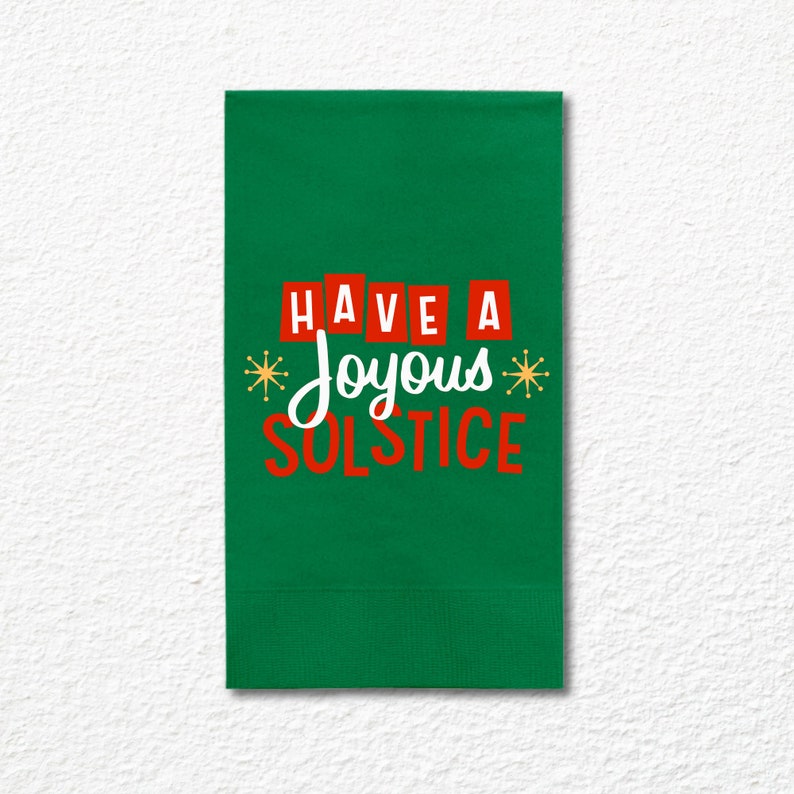 Custom Christmas Napkins, Have A Joyous Solstice Green, Red, White Paper Dinner Napkins