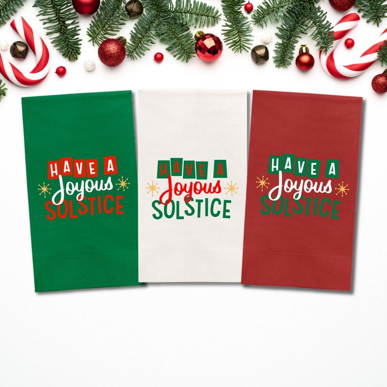 Custom Christmas Napkins, Have A Joyous Solstice Green, Red, White Paper Dinner Napkins