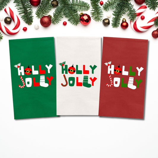 Custom Christmas Napkins, Holly Jolly Green, Red, Green & White Paper Dinner Napkin