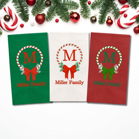 Custom Christmas Napkins, Monogram Christmas Green, Red, White Paper Dinner Napkin