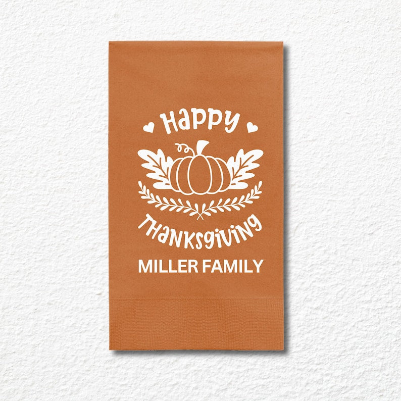 Custom Thanksgiving Paper Dinner Napkins, Happy Thanksgiving - Add Your Name, Table Decor and Guest Towels