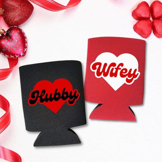 Couple Valentine's Beer Cooler, Hubby and Wifey Can Coolies