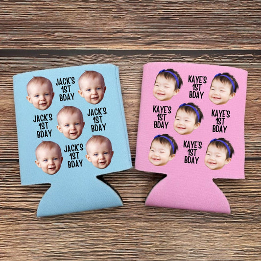 Custom First Birthday Can Coolers, Baby Boy or Baby Girl Face Photo Beer Coolies