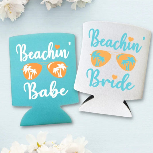Custom Bachelorette Party Can Coolers, Beachin Bride and Beachin Babe Coolies