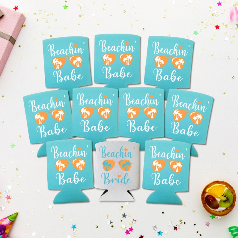 Custom Bachelorette Party Can Coolers, Beachin Bride and Beachin Babe Coolies