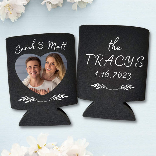 Custom Wedding Beer Can Coolers, Heart Frame Couples Photo Coolies
