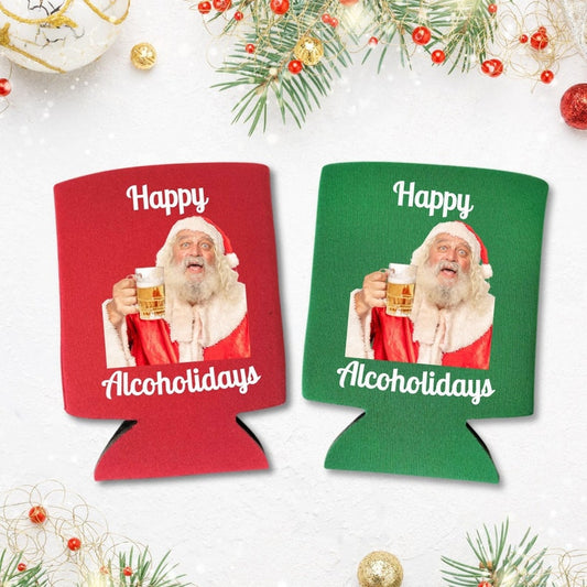 Custom Photo Christmas Can Cooler, Happy Alcoholidays - Merry Christmas Beer Coolies