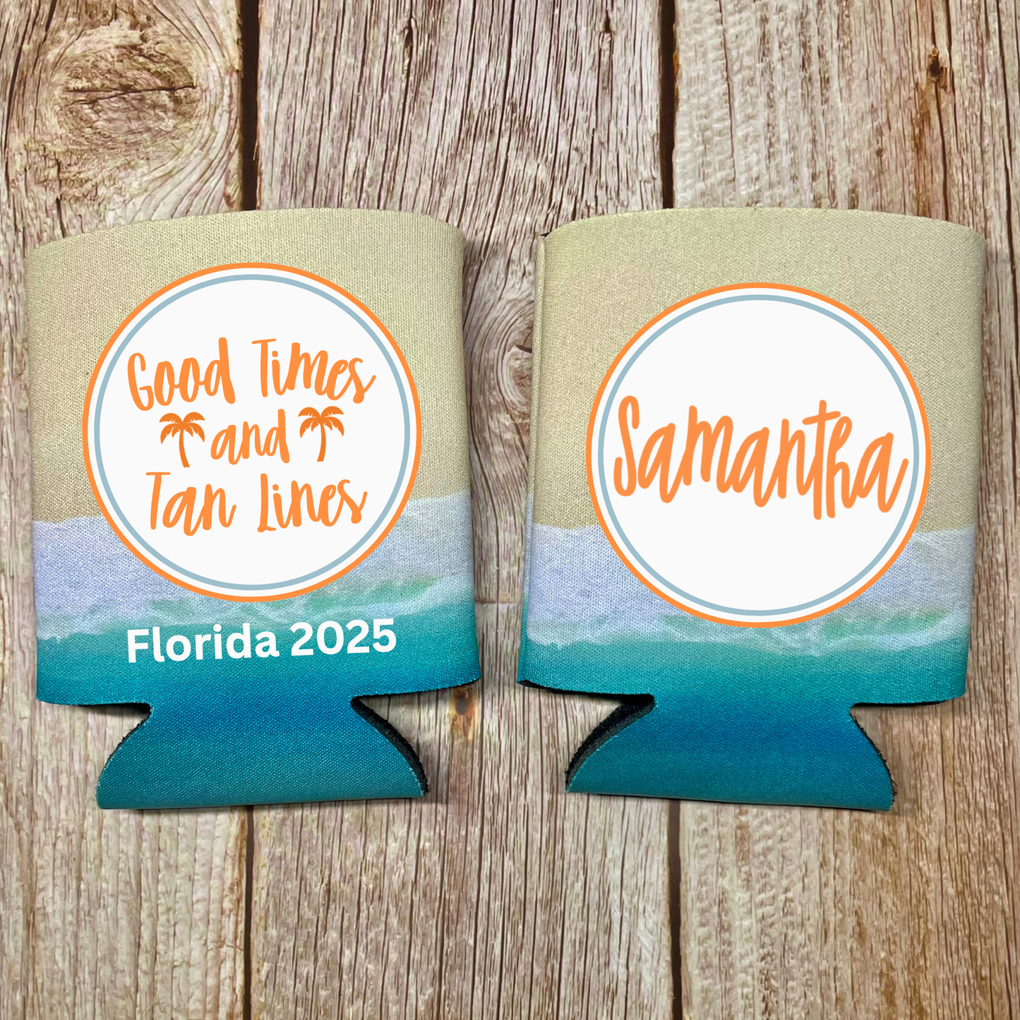 Custom Beach Pattern Can Coolers, Good Times And Tan Lines With Name Coolies