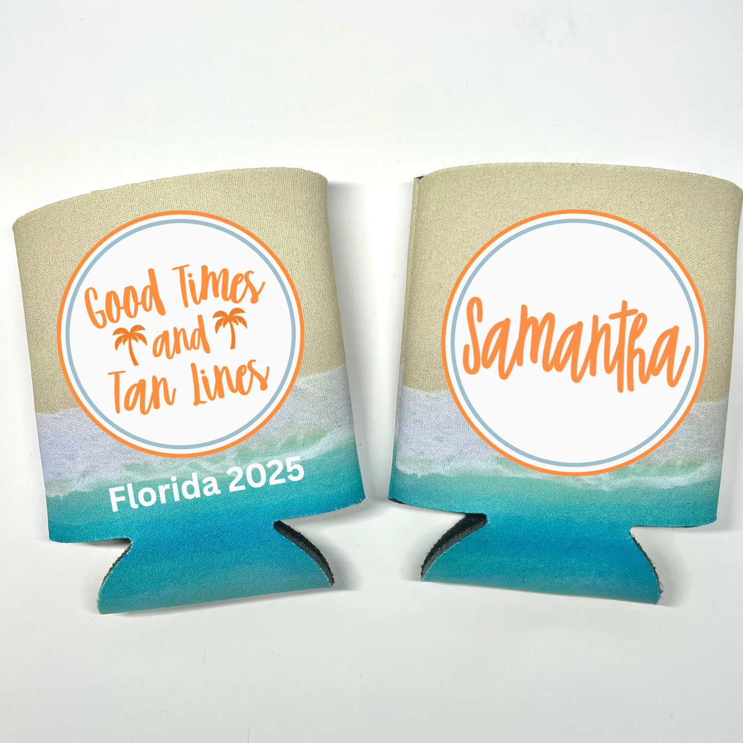 Custom Beach Pattern Can Coolers, Good Times And Tan Lines With Name Coolies