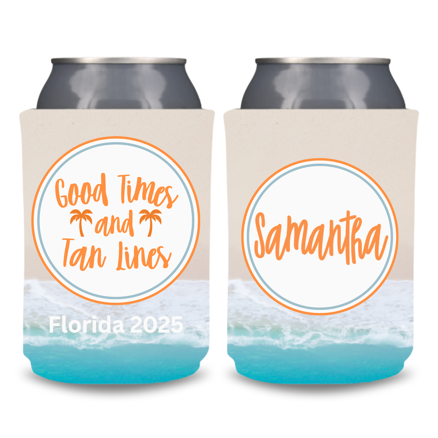 Custom Beach Pattern Can Coolers, Good Times And Tan Lines With Name Coolies