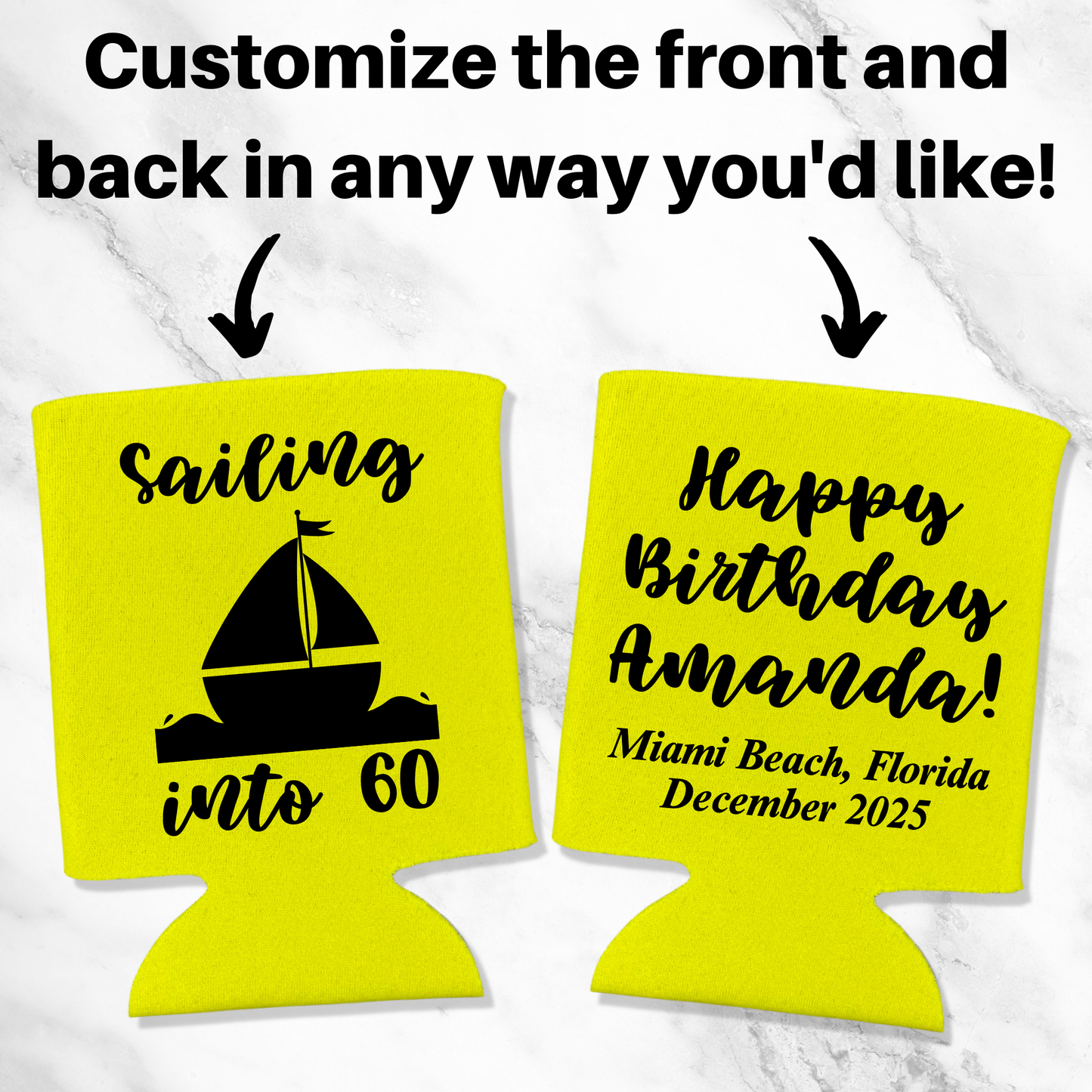 Custom Neon Birthday Can Cooler, Sailing Into 60 Coolies