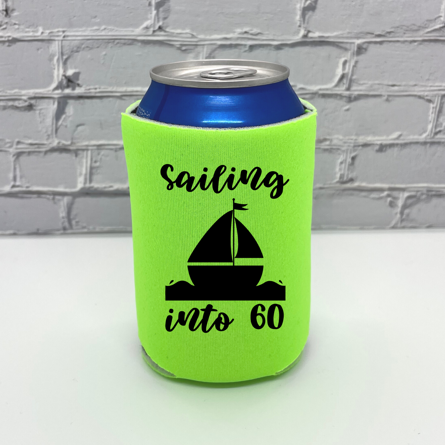 Custom Neon Birthday Can Cooler, Sailing Into 60 Coolies